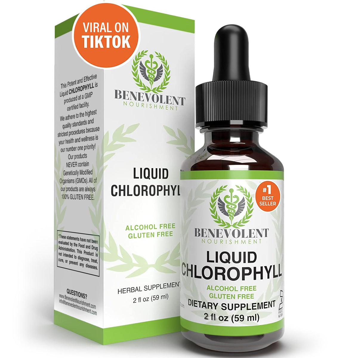 Benevolent Chlorophyll Liquid Drops – Organic Detox & Immune Support Internal Deodorizer & Skin Health Supplement Non-GMO 4 Month Supply Natural Mint Flavor